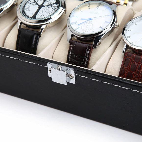 Black PU Leather Watch Organizer Display Storage Box Cases for Men & Women (10 slots) - RnR Galore