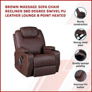 Brown Massage Sofa Chair Recliner 360 Degree Swivel PU Leather Lounge 8 Point Heated - RnR Galore
