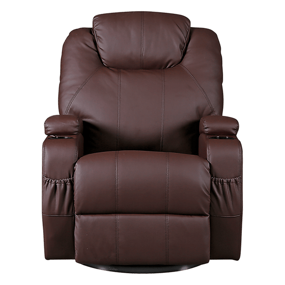Brown Massage Sofa Chair Recliner 360 Degree Swivel PU Leather Lounge 8 Point Heated - RnR Galore