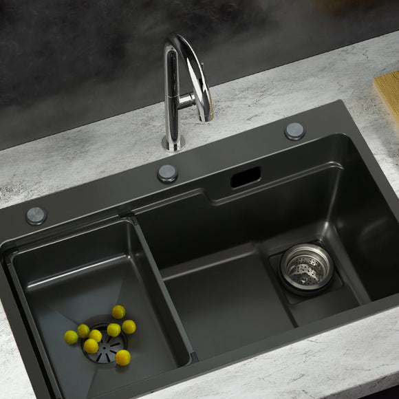 Cefito Kitchen Sink 75X45CM Stainless Steel Basin Single Bowl Drain Part Black - RnR Galore