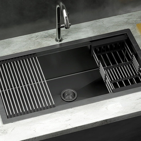 Cefito Kitchen Sink 81X45CM Stainless Steel Single Bowl Drain Rack Basket Black - RnR Galore