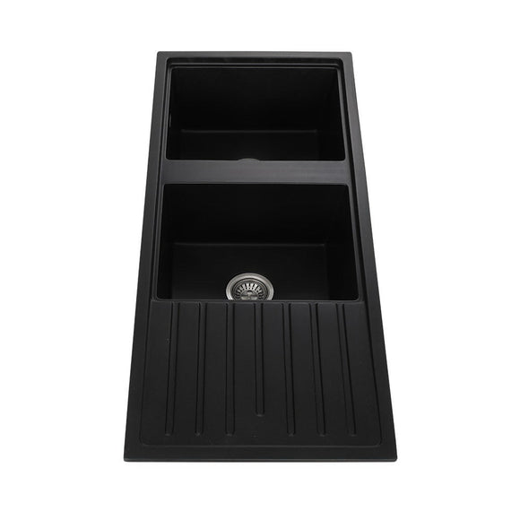 Cefito Kitchen Sink Stone Sink Granite Laundry Basin Double Bowl 116x49cm Black - RnR Galore