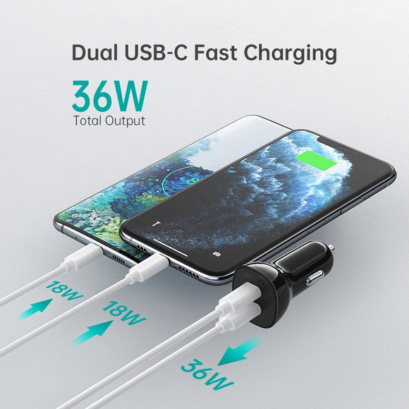 CHOETECH TC0008 - BK Dual USB - C 36W Car Charger Adapter Black - RnR Galore