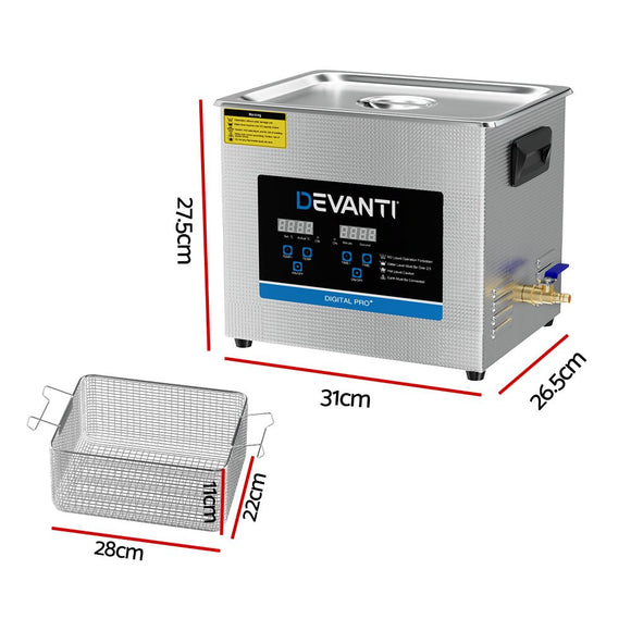 Devanti 10L Ultrasonic Cleaner Heater Cleaning Machine Timer Industrial 240W - RnR Galore