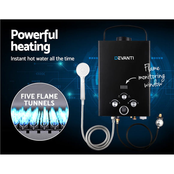 Devanti Portable Gas Water Heater 8L/Min With Pump LPG System Black - RnR Galore