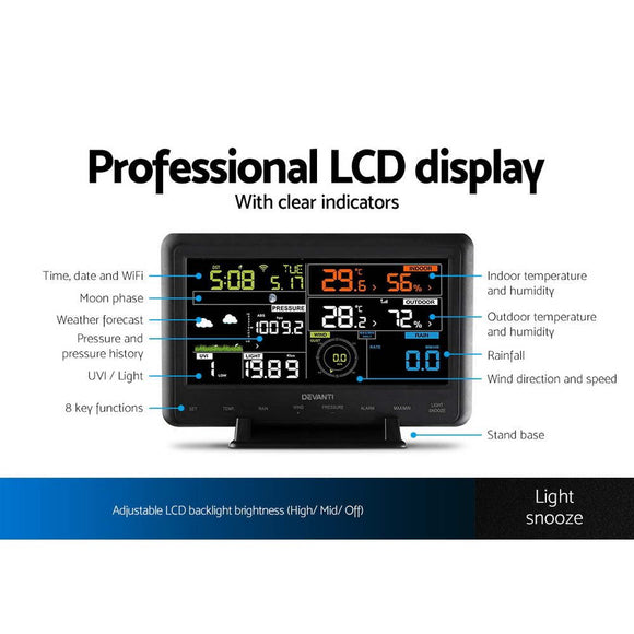 Devanti Wireless WiFi Professional Weather Station Solar Sensor LCD UV Light - RnR Galore