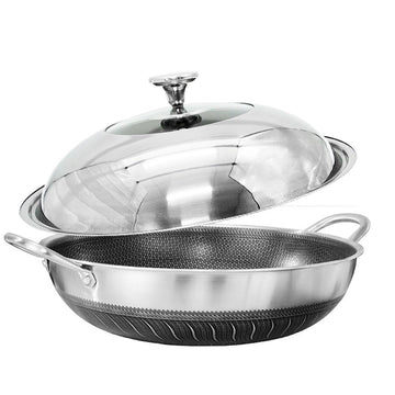 Double Ear 304 Stainless Steel 36cm Non - Stick Stir Fry Cooking Kitchen Wok Pan with Lid Honeycomb Double Sided - RnR Galore