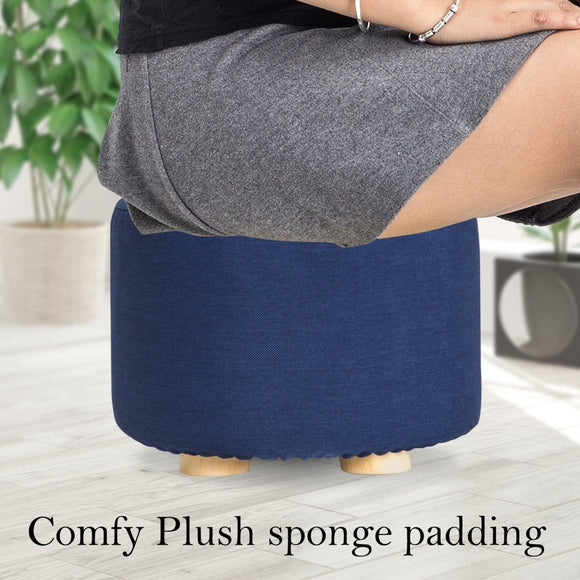 Fabric Ottoman Round Wooden Leg Foot Stool - DARK BLUE - RnR Galore
