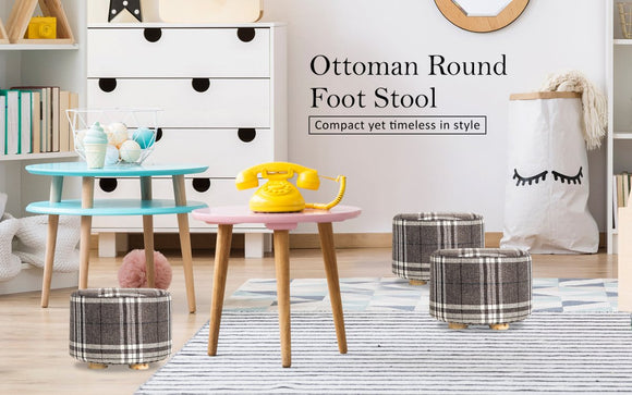 Fabric Ottoman Round Wooden Leg Foot Stool - LATTICE - RnR Galore