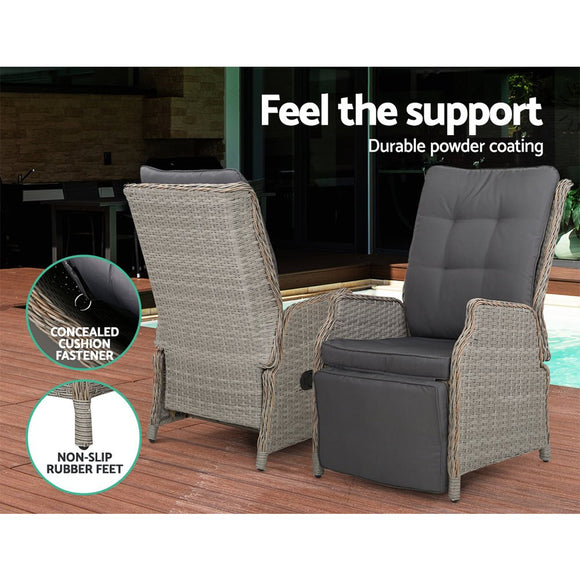 Gardeon 2PC Recliner Chairs Sun lounge Wicker Lounger Outdoor Furniture Adjustable Grey - RnR Galore