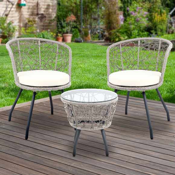Gardeon 3PC Bistro Set Outdoor Furniture Rattan Table Chairs Patio Garden Cushion Grey - RnR Galore