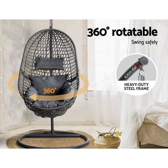 Gardeon Outdoor Egg Swing Chair Wicker Rattan Furniture Pod Stand Cushion Black - RnR Galore