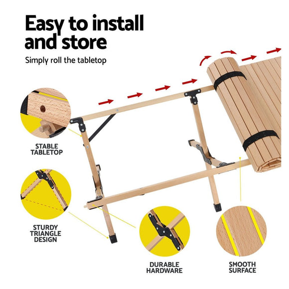 Gardeon Outdoor Furniture Wooden Egg Roll Picnic Table Camping Desk 120CM - RnR Galore
