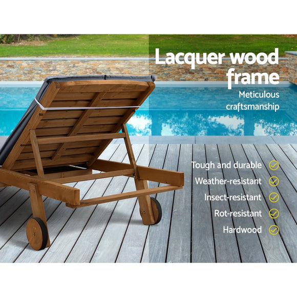 Gardeon Sun Lounge Wooden Lounger Outdoor Furniture Day Bed Wheels Patio Grey - RnR Galore