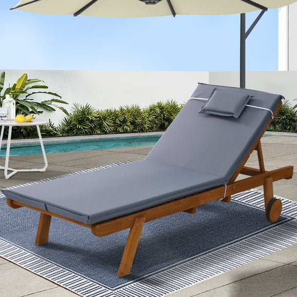 Gardeon Sun Lounge Wooden Lounger Outdoor Furniture Day Bed Wheels Patio Grey - RnR Galore