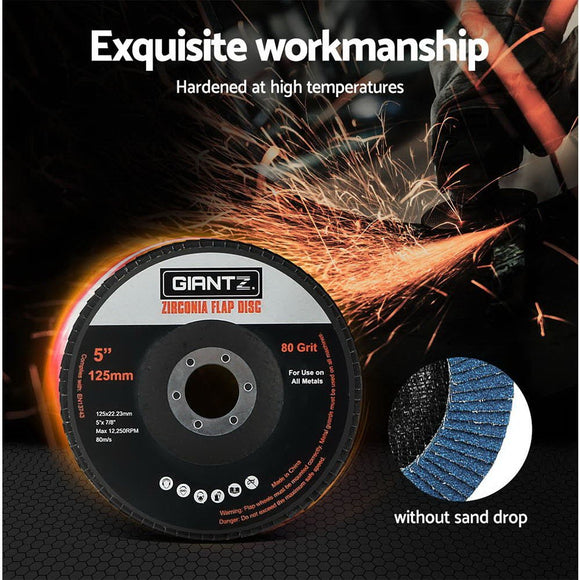 Giantz 100 PCS Zirconia Sanding Flap Disc 5’’ 125mm 80Grit Angle Grinding Wheel - RnR Galore