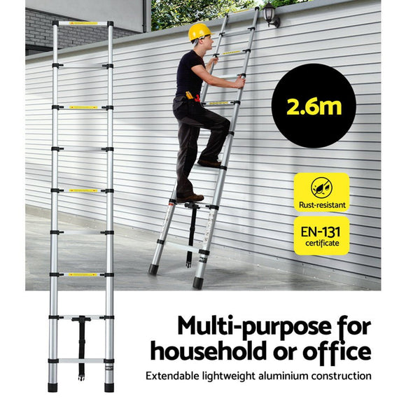 Giantz 2.6M Telescopic Ladder Aluminium Extension Extendable Steps Adjustable Height - RnR Galore