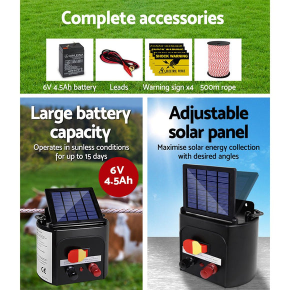 Giantz Fence Energiser 5KM Solar Powered Electric 500M Poly Rope - RnR Galore