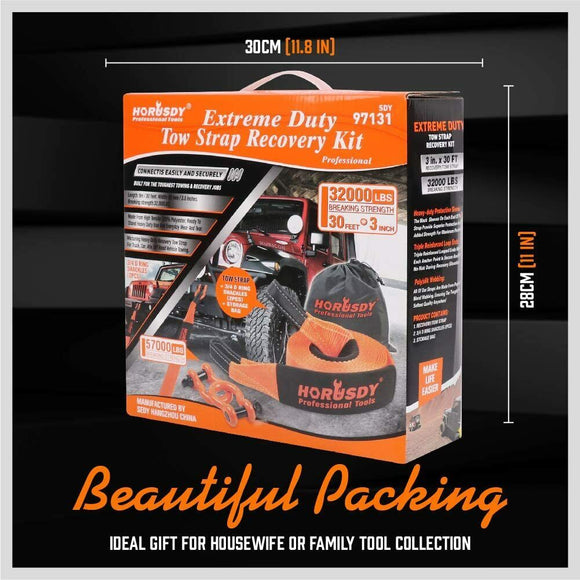 Heavy Duty 9.1M Recovery Tow Straps Snatch Kit - 32,000 LBS Break Strength with D - Ring Shackles for Off - Roading Recovery and Hauling - RnR Galore