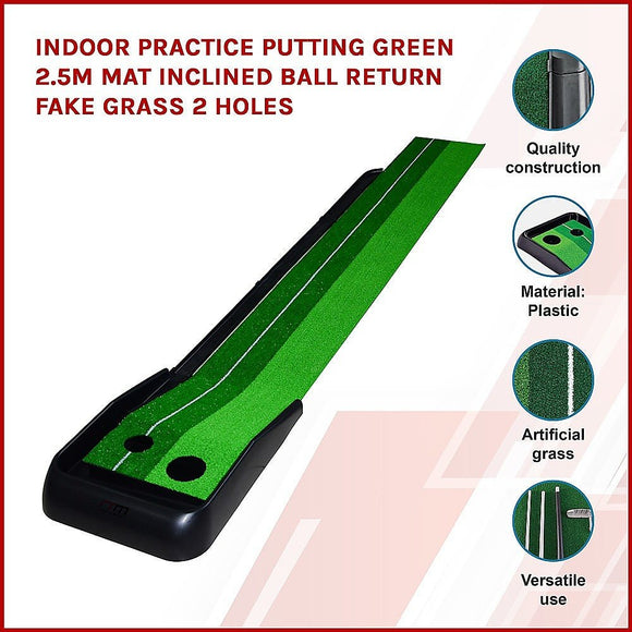 Indoor Practice Putting Green 2.5m Mat Inclined Ball Return Fake Grass 2 Holes - RnR Galore