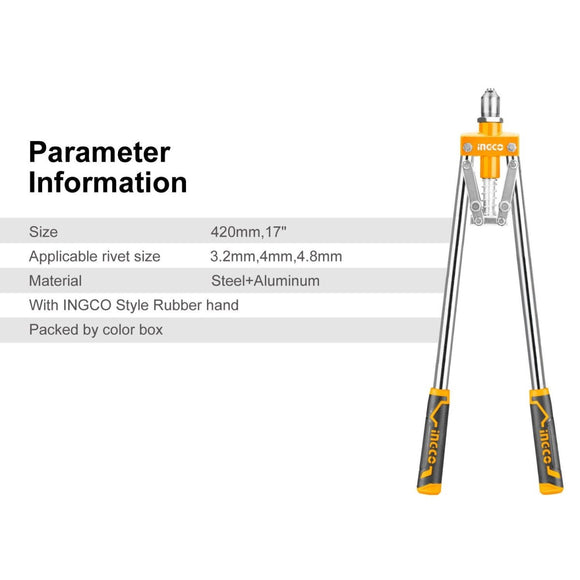 INGCO 17" Hand Riverter Long Arm Pop Rivert Heavy Duty For 3.2mm 4mm & 4.8mm - RnR Galore