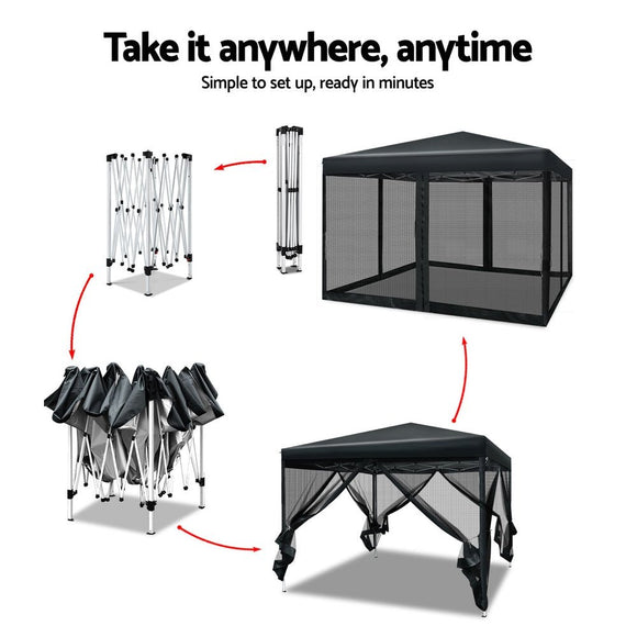 Instahut Gazebo Pop Up Marquee 3x3m Wedding Party Outdoor Camping Tent Canopy Shade Mesh Wall Black - RnR Galore