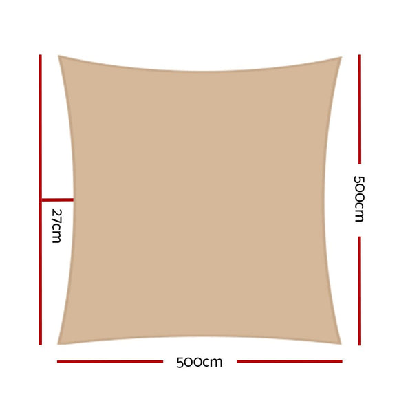Instahut Shade Sail 5x5m Square 280GSM 98% Sand Shade Cloth - RnR Galore