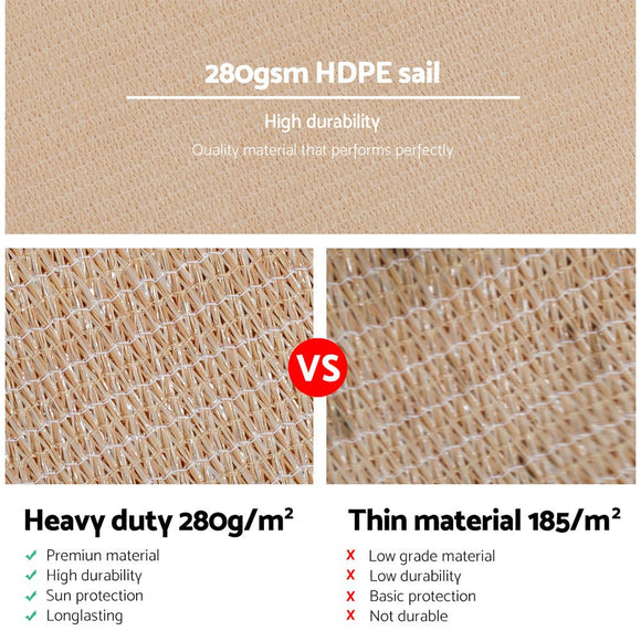 Instahut Shade Sail 5x5m Square 280GSM 98% Sand Shade Cloth - RnR Galore