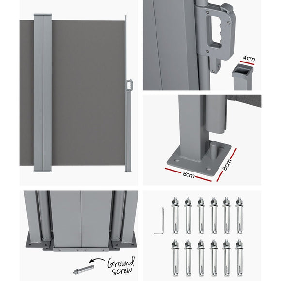 Instahut Side Awning Sun Shade Outdoor Retractable Privacy Screen 1.8X6M Grey - RnR Galore