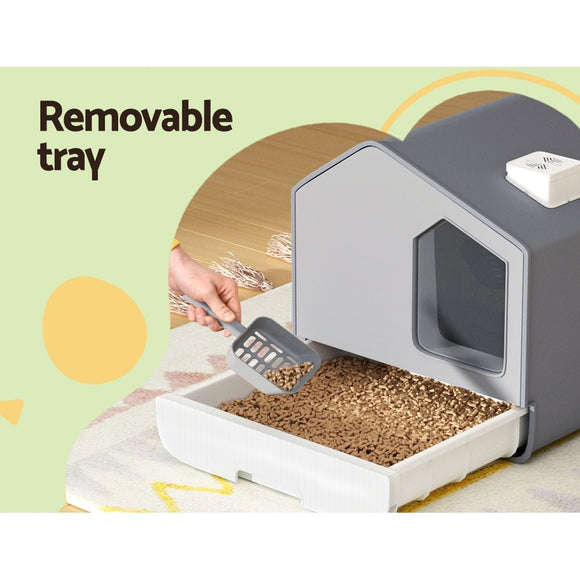 i.Pet Cat Litter Box Large Tray Kitty Toilet Enclosed Cat Litter Box Hooded Scoop Mat Grey - RnR Galore