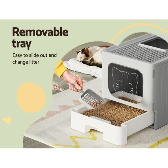 i.Pet Cat Litter Box Large Tray Kitty Toilet Enclosed Hooded Foldable Cat Litter Box Scoop Grey - RnR Galore