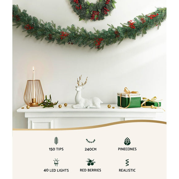 Jingle Jollys 2.4m Christmas Garland with LED Lights Decorations Xmas Party - RnR Galore