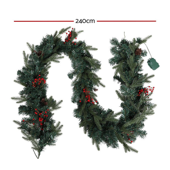 Jingle Jollys 2.4m Christmas Garland with LED Lights Decorations Xmas Party - RnR Galore