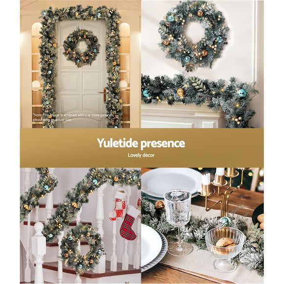 Jingle Jollys 2.7m Christmas Garland with Wreath Set LED Lights Snowy Xmas Decor - RnR Galore
