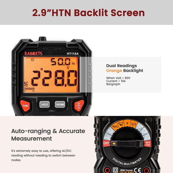 KAIWEETS Digital Multimeter TRMS 6000 Counts Voltmeter Auto - Ranging Fast Accurately Measures Voltage Current Amp Resistance Diodes Continuity Duty - Cycle Capacitance Temperature for Automotive - RnR Galore