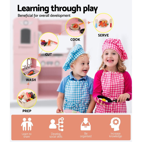 Keezi Kids Kitchen Play Set Wooden Pretend Toys Cooking Children Food Pink - RnR Galore