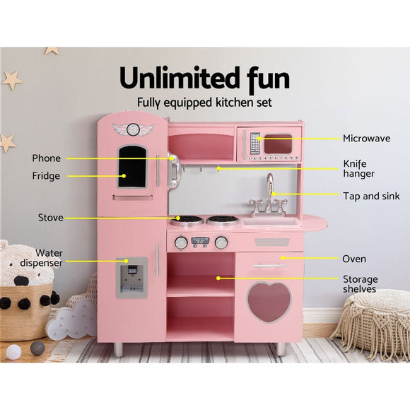 Keezi Kids Kitchen Play Set Wooden Pretend Toys Cooking Children Food Pink - RnR Galore