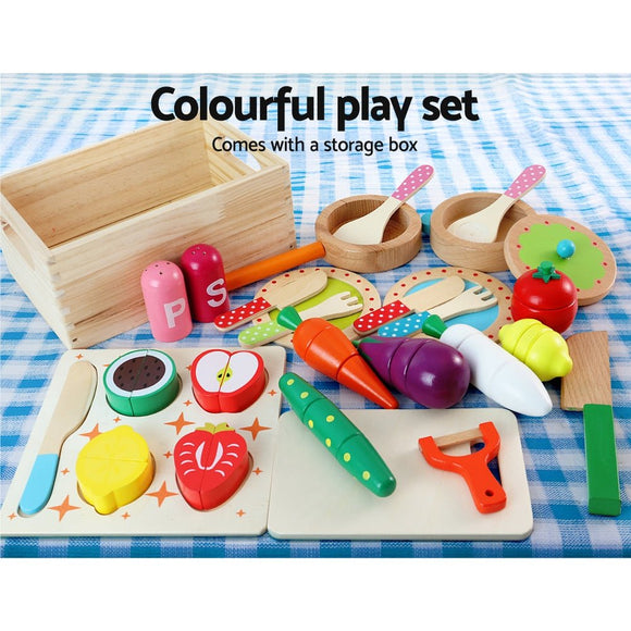 Keezi Kids Kitchen Play Set Wooden Pretend Toys Cooking Utensils Pots Pans Food - RnR Galore