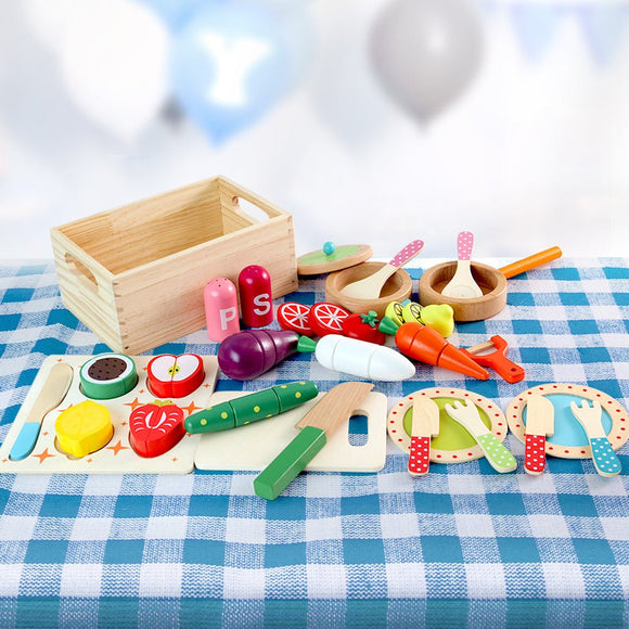 Keezi Kids Kitchen Play Set Wooden Pretend Toys Cooking Utensils Pots Pans Food - RnR Galore