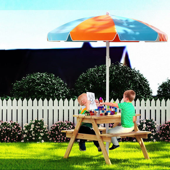 Keezi Kids Outdoor Table and Chairs Picnic Bench Umbrella Set Water Sand Pit Box - RnR Galore