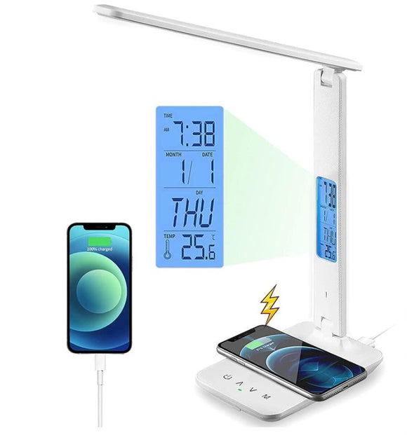 LED Desk Lamp with Fast Wireless Charger Clock Alarm Date Temperature - RnR Galore