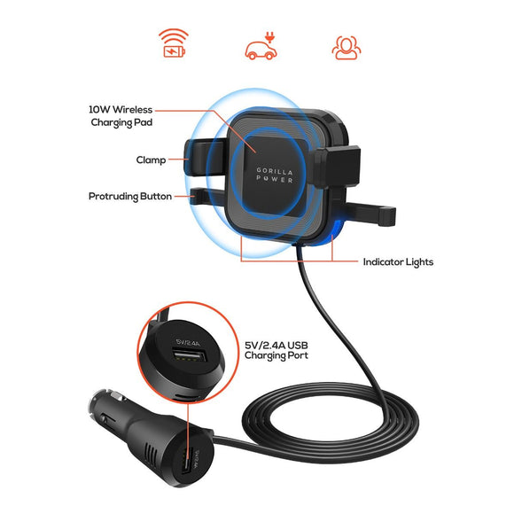 mbeat Gorilla Power 10W Wireless Car Charger With 2.4A USB Charging, Air Vent Clip & Windshield Stand - RnR Galore