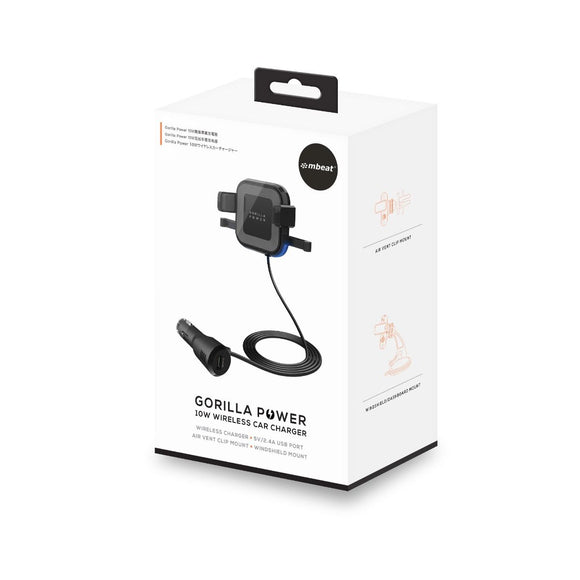 mbeat Gorilla Power 10W Wireless Car Charger With 2.4A USB Charging, Air Vent Clip & Windshield Stand - RnR Galore