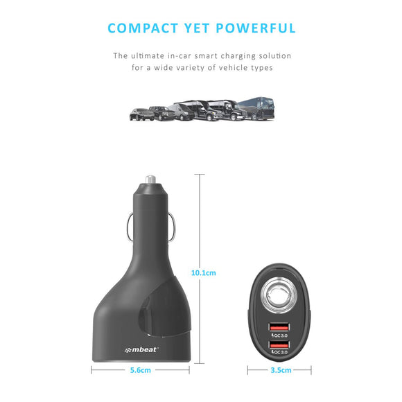 mbeat Gorilla Power Dual Port QC 3.0 Car Charger With Cigar Lighter Socket - RnR Galore