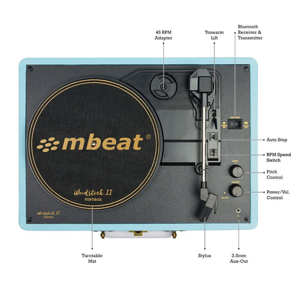 mbeat Woodstock II Sky Blue Retro Bluetooth (TX/RX) Turntable - RnR Galore