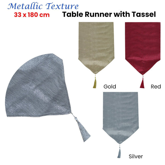 Metallic Texture Table Runner with Tassel 33 x 180 cm Silver - RnR Galore
