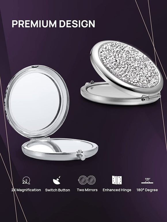 Mini Mix Diamond 1X/2X Magnifying Round Metal Pocket Makeup Mirror (Silver) - RnR Galore