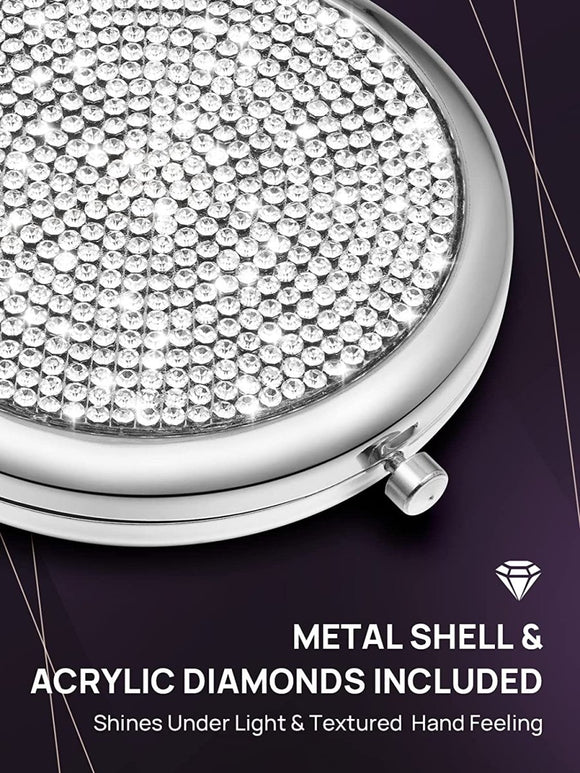 Mini Small Diamond 1X/2X Magnifying Round Metal Pocket Makeup Mirror (Silver) - RnR Galore