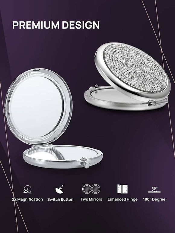 Mini Small Diamond 1X/2X Magnifying Round Metal Pocket Makeup Mirror (Silver) - RnR Galore
