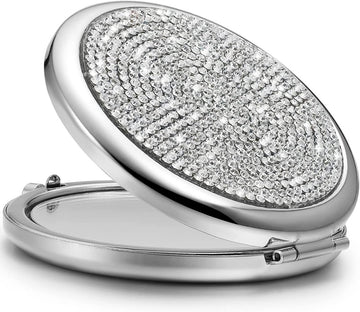 Mini Small Diamond 1X/2X Magnifying Round Metal Pocket Makeup Mirror (Silver) - RnR Galore